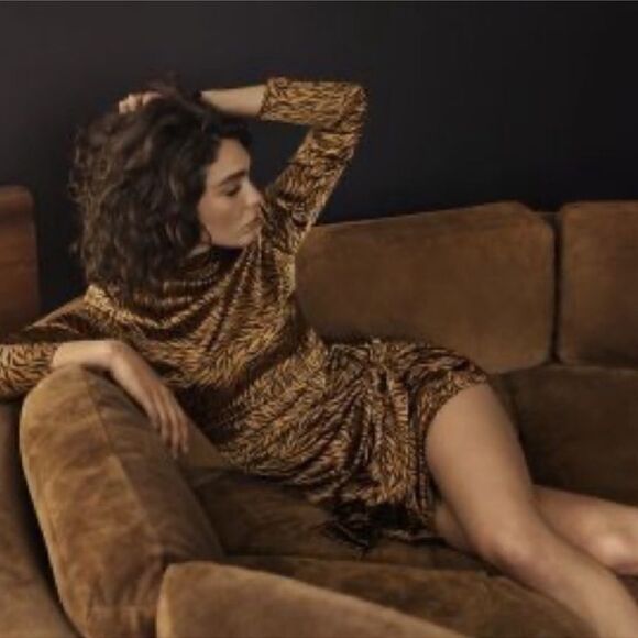 Likely Khaleesi Animal Print Long Sleeve Ruched Tie Mini Dress | SZ 2 | Gold - Picture 4 of 12